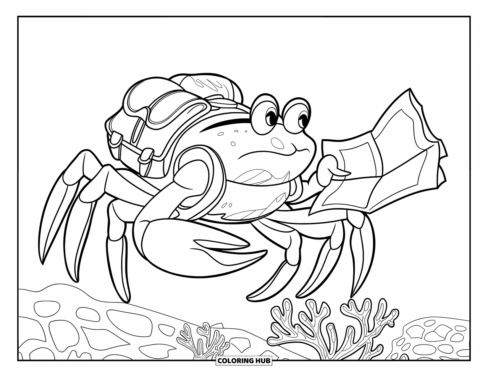 Desenho de Caranguejo para Colorir para Crianças: Um caranguejo explorador com um mapa e uma mochila viaja por um recife de coral