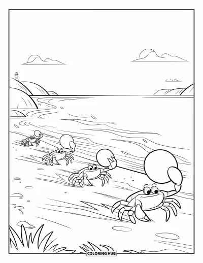 Crab Coloring Page for Kids: Crabs race with buoys in claws along a beach with a lighthouse view