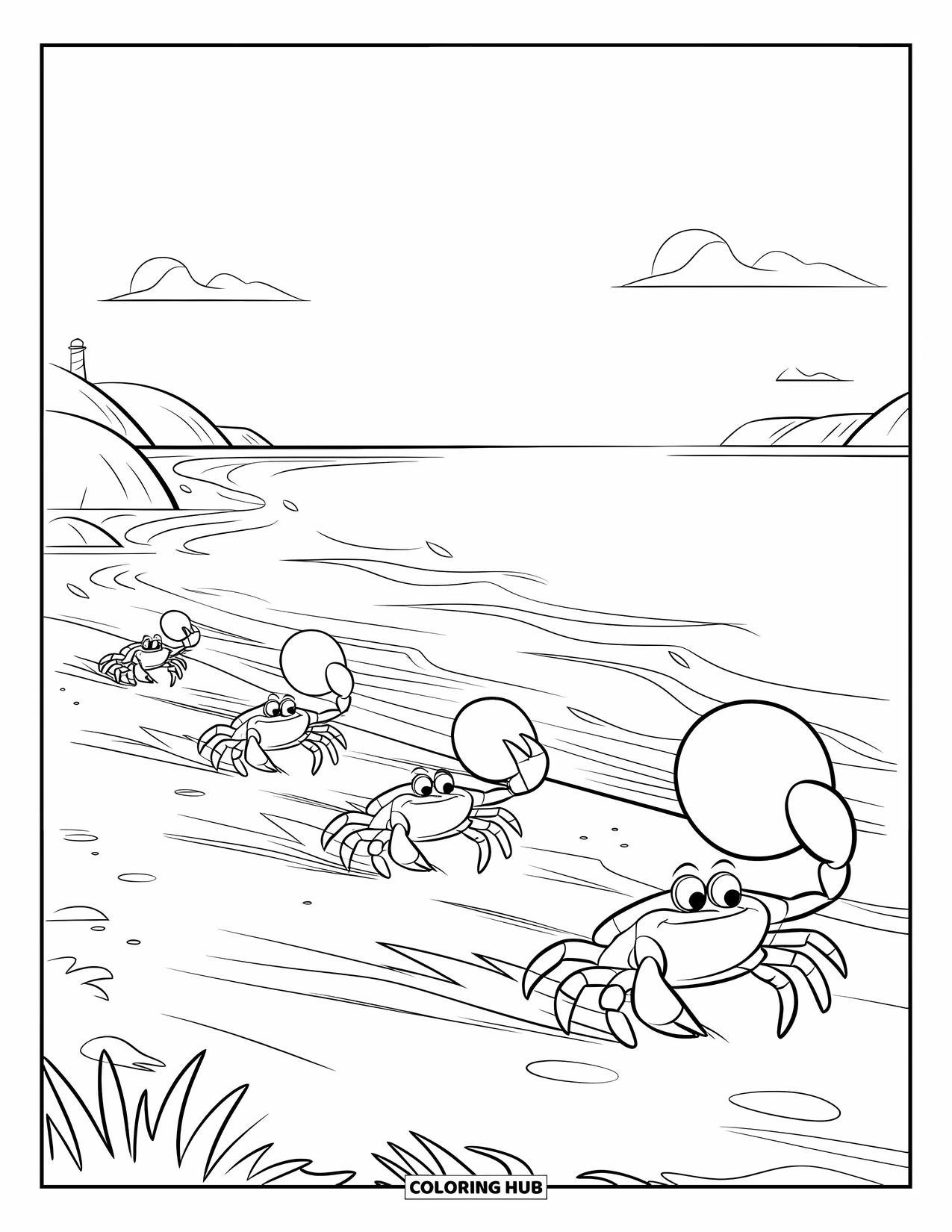 Desenho de Caranguejo para Colorir para Crianças: Caranguejos correm com boias nas garras ao longo de uma praia com vista para um farol