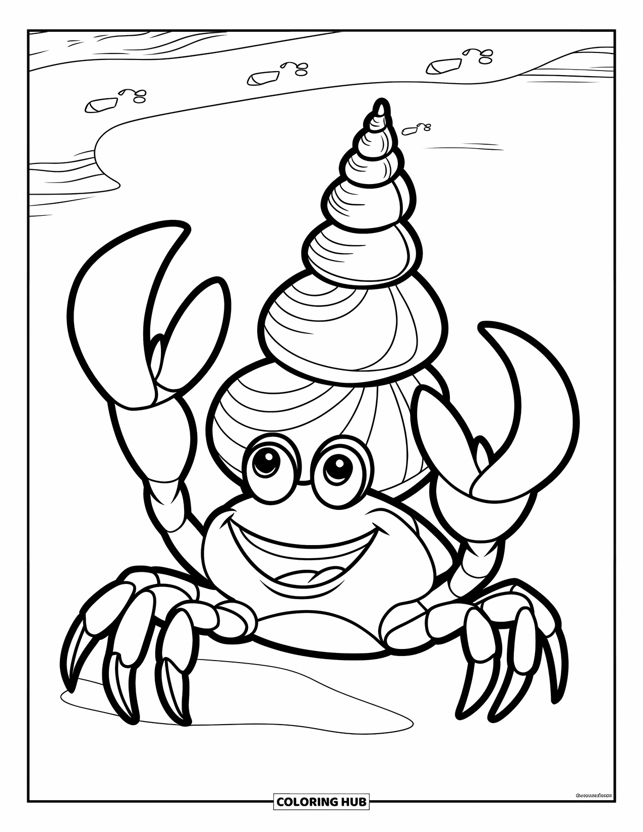 Desenho de Caranguejo para Colorir para Crianças: Um caranguejo sorridente carrega uma pirâmide de conchas através de uma praia de areia