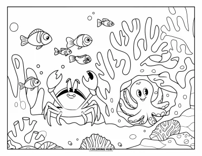 Crab Coloring Page for Kids: The crab hides as fish swim past in a playful reef hide-and-seek game