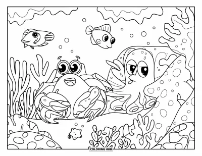 Crab Coloring Page for Kids: The crab hides behind coral while the octopus peeks from a rock in a reef