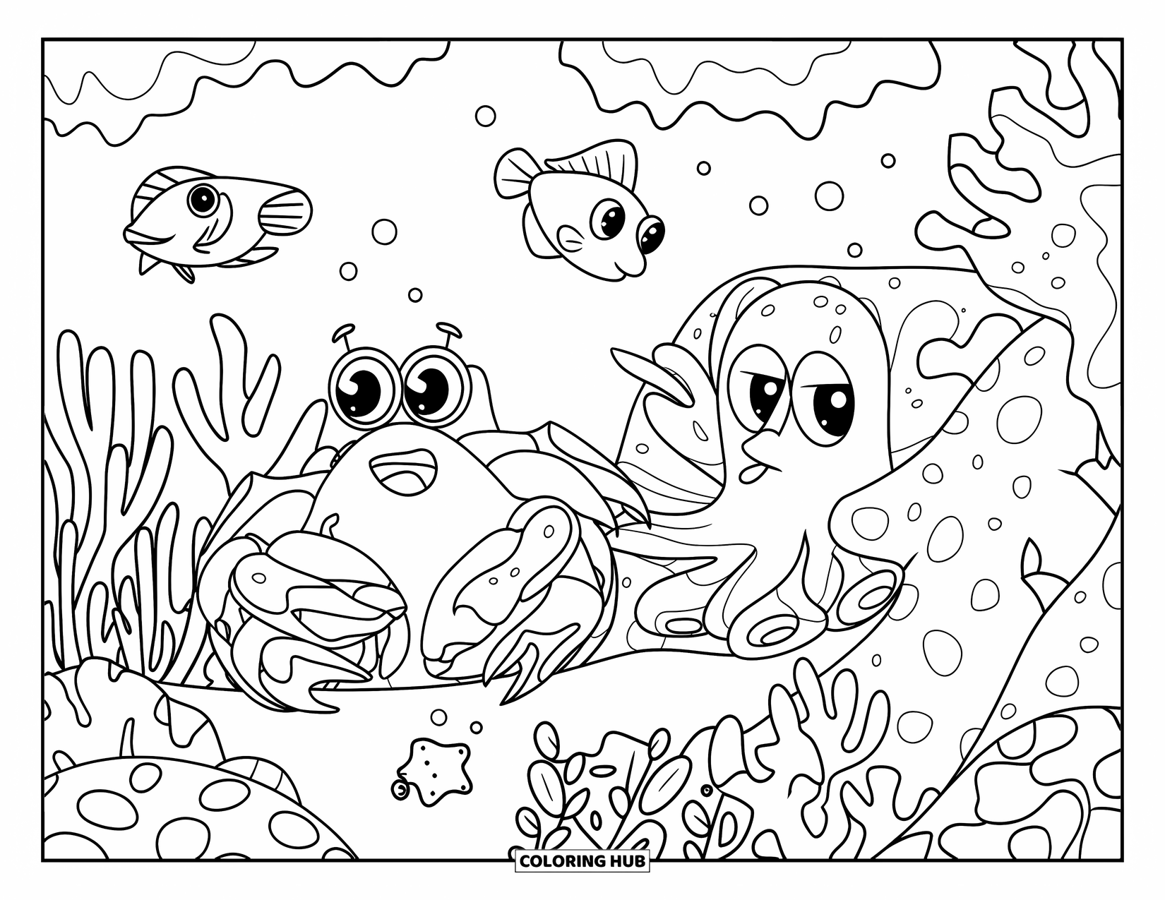 Desenho de Caranguejo para Colorir para Crianças: O caranguejo se esconde atrás do coral enquanto o polvo espreita de uma rocha em um recife