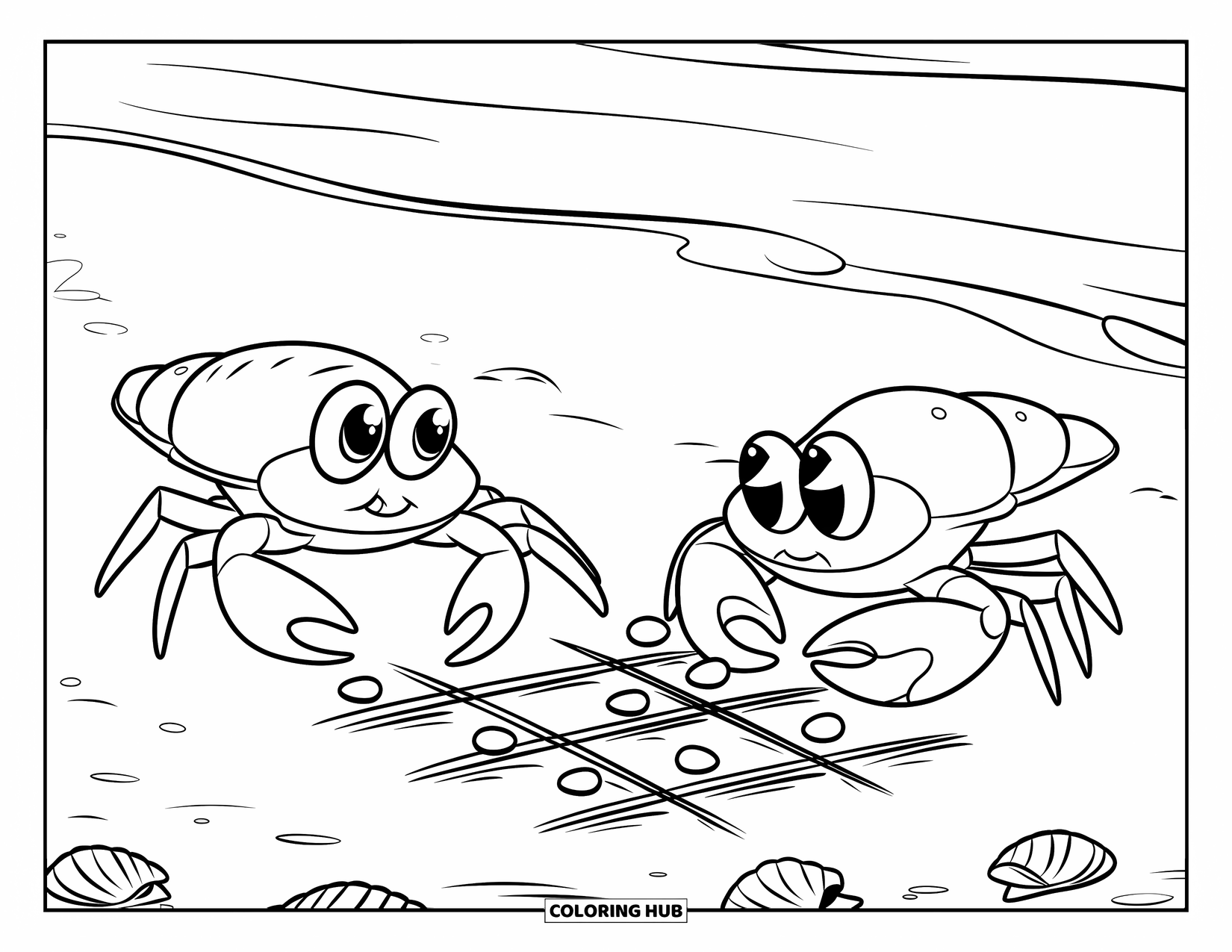 Desenho de Caranguejo para Colorir para Crianças: Dois caranguejos jogam jogo da velha na areia com pequenos seixos