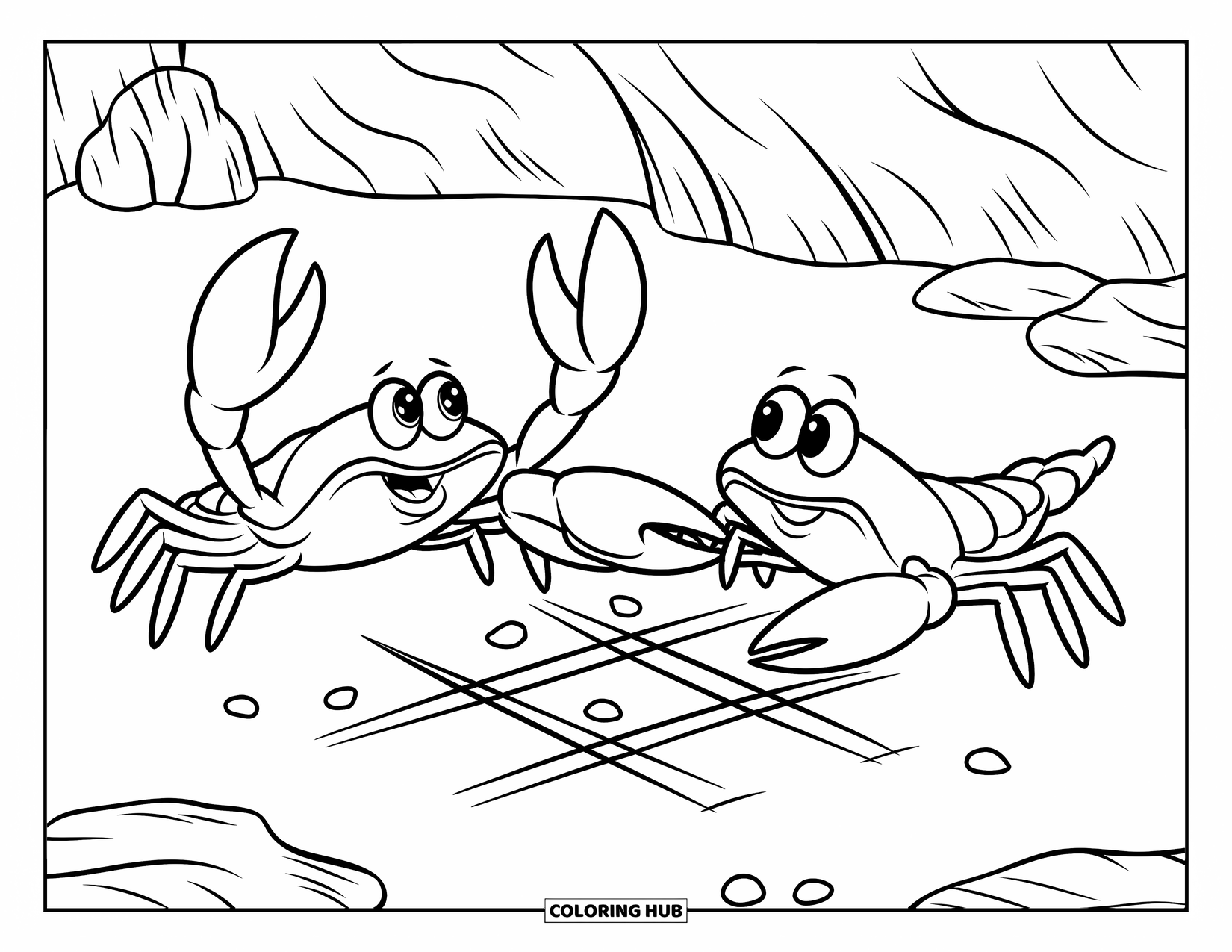 Desenho de Caranguejo para Colorir para Crianças: Dois caranguejos brincalhões jogam jogo da velha na areia perto de uma caverna rochosa
