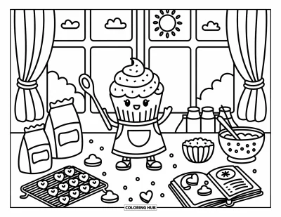Coloriage de cupcakes pour adultes : Un cupcake pâtissier en tablier mélange la pâte, entouré de biscuits et d’ingrédients de cuisine