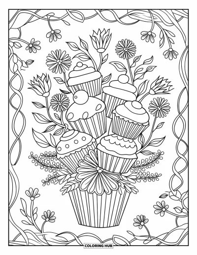 Coloriage de cupcakes pour adultes : Un bouquet de cupcakes avec des fleurs et des lianes entrelacées sur fond blanc
