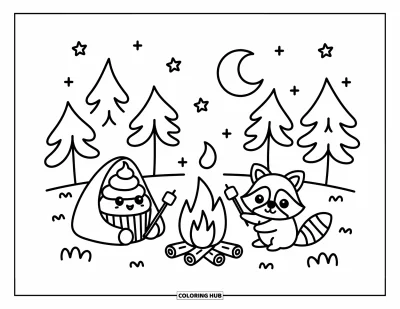 Coloriage de cupcakes pour adultes : Un cupcake près du feu fait griller des guimauves avec un raton laveur sous les étoiles et une douce lune