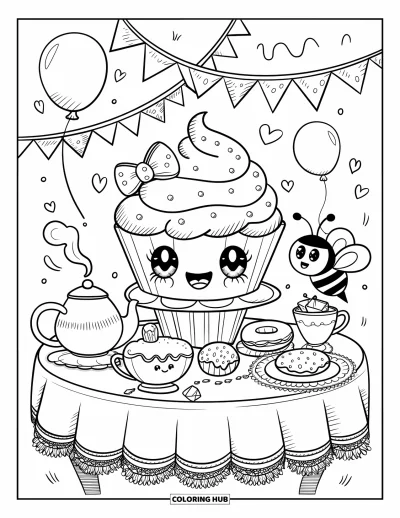 Coloriage de cupcakes pour adultes : Un cupcake joyeux à un goûter avec des desserts, une théière et une abeille amicale