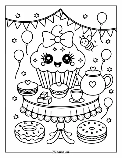 Coloriage de cupcakes pour adultes : Un cupcake joyeux au goûter avec des desserts, une théière et une abeille tenant du sucre