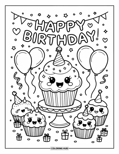 Coloriage de cupcakes pour adultes : Un cupcake joyeux avec un chapeau de fête célèbre avec des ballons, des cadeaux et une bannière 