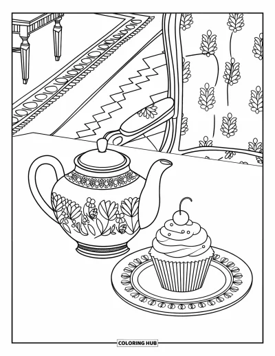 Coloriage de cupcakes pour adultes : Un cupcake et une théière fleurie sur une table dans une pièce victorienne