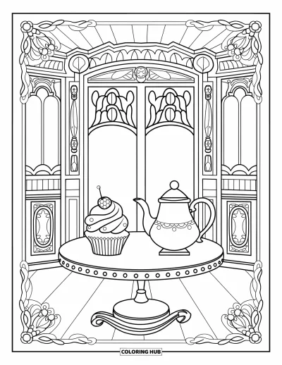 Coloriage de cupcakes pour adultes : Un cupcake et une théière sur une table dans un salon victorien