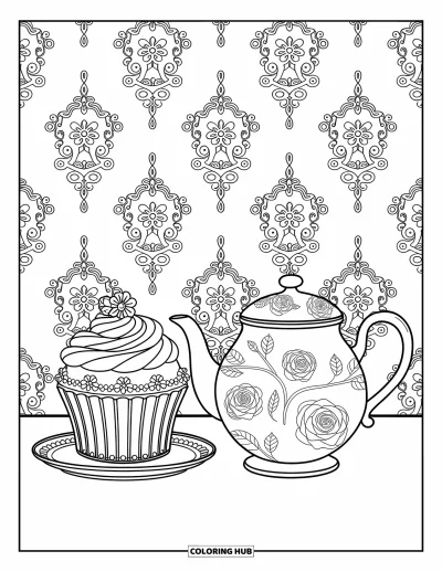 Coloriage de cupcakes pour adultes : Un cupcake et une théière parmi des rideaux de dentelle et des motifs floraux dans une pièce victorienne