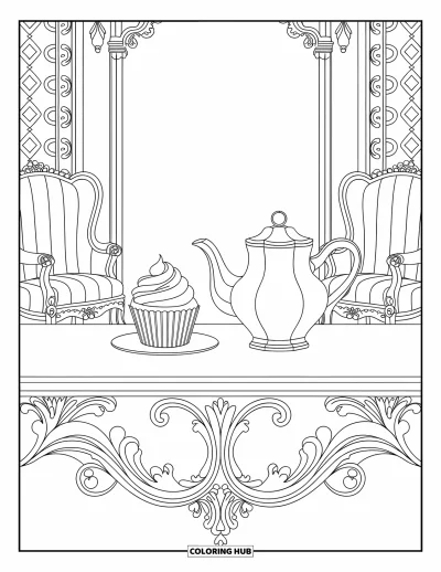 Coloriage de cupcakes pour adultes : Un cupcake et une théière dans un salon victorien avec un papier peint et des détails ornés