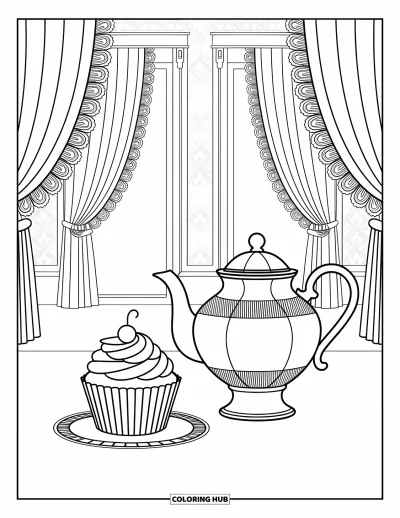 Coloriage de cupcakes pour adultes : Un cupcake et une théière dans un salon élégant avec des motifs raffinés et de la dentelle