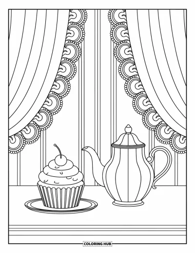 Coloriage de cupcakes pour adultes : Un cupcake et une théière sur une table avec de la dentelle fine et des motifs floraux