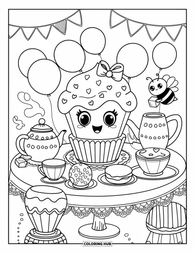 Coloriage de cupcakes pour adultes : Un cupcake à l’heure du thé avec de jolis desserts, une théière et une abeille qui propose du sucre