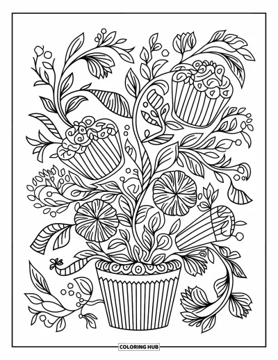 Coloriage de cupcakes pour adultes : Un bouquet de cupcakes avec des fleurs et des lianes parmi des motifs en volutes