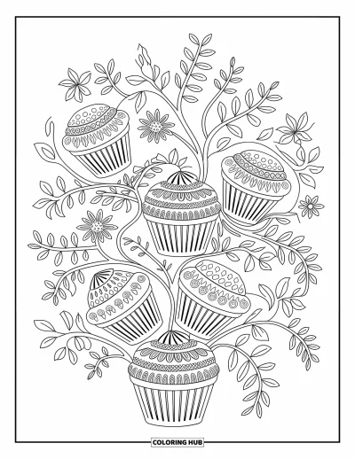 Coloriage de cupcakes pour adultes : Un bouquet de cupcakes avec des fleurs et des lianes complexes sur fond de motifs en volutes