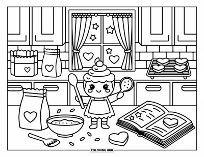 Coloriage de cupcakes pour adultes : Un cupcake chef en tablier mélange la pâte parmi des biscuits et des vermicelles dans une cuisine confortable