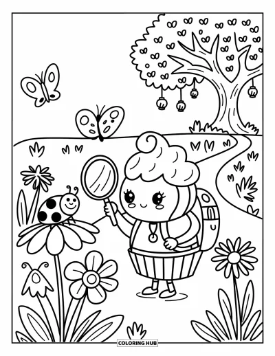 Coloriage de cupcakes pour adultes : Un cupcake explorateur inspecte une coccinelle avec une loupe près de fleurs et de lanternes