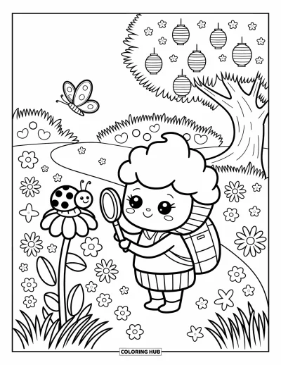 Coloriage de cupcakes pour adultes : Un cupcake explorateur observe une coccinelle avec une loupe près de fleurs et de lanternes