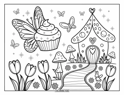 Coloriage de cupcakes pour adultes : Une fée cupcake avec des ailes explore un jardin avec des fleurs, des champignons et un lapin curieux