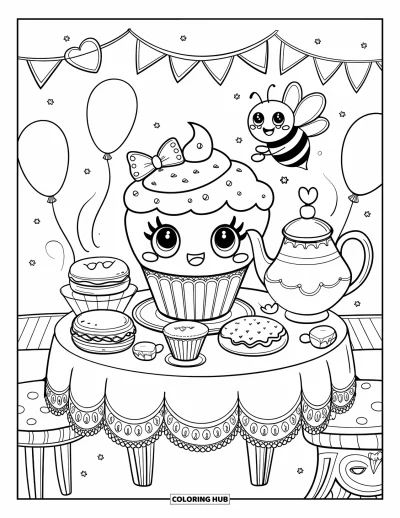 Coloriage de cupcakes pour adultes : Un cupcake avec un nœud profite du thé avec des desserts, des ballons et une petite abeille amie
