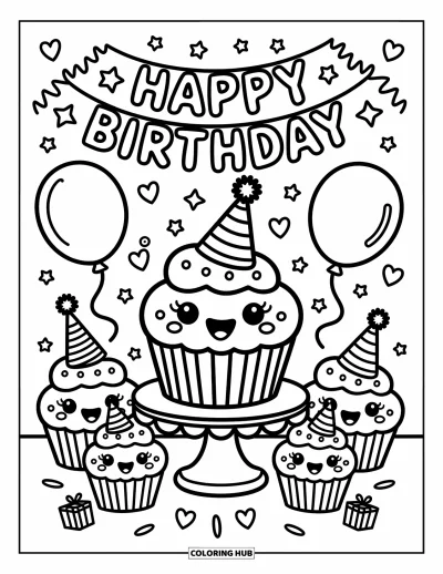 Coloriage de cupcakes pour adultes : Un cupcake avec un chapeau de fête tient une canne en sucre d’orge avec des ballons, des cadeaux et une bannière d’anniversaire