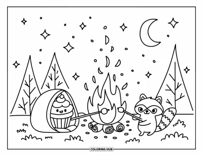 Coloriage de cupcakes pour adultes : Un cupcake dans un sac de couchage fait griller des guimauves près du feu sous un ciel étoilé