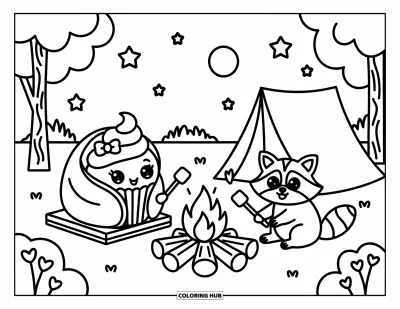 Coloriage de cupcakes pour adultes : Un cupcake dans un sac de couchage fait griller des guimauves près d’un feu avec un raton laveur