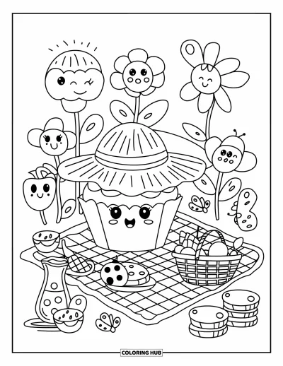 Coloriage de cupcakes pour adultes : Un cupcake avec un chapeau de paille profite d’un pique-nique printanier avec des fleurs, un panier de fruits et des biscuits