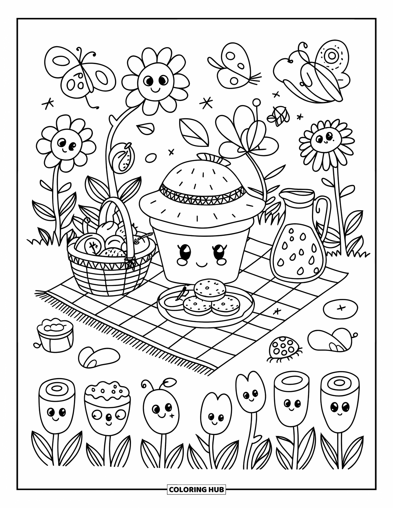 Cupcake Coloring Page for Adults: A cupcake in a straw hat enjoys a sunny picnic surrounded by flowers, cookies, and lemonade