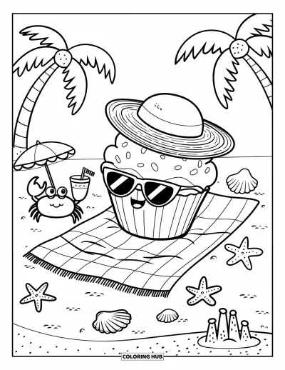 Coloriage de cupcakes pour adultes : Un cupcake avec des lunettes de soleil se repose sur une serviette de plage pendant qu’un crabe amical apporte une boisson
