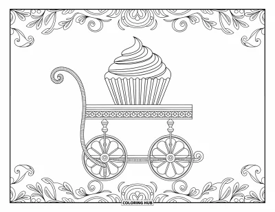 Coloriage de cupcakes pour adultes : Un cupcake sur un chariot élégant encadré de motifs floraux détaillés et de volutes