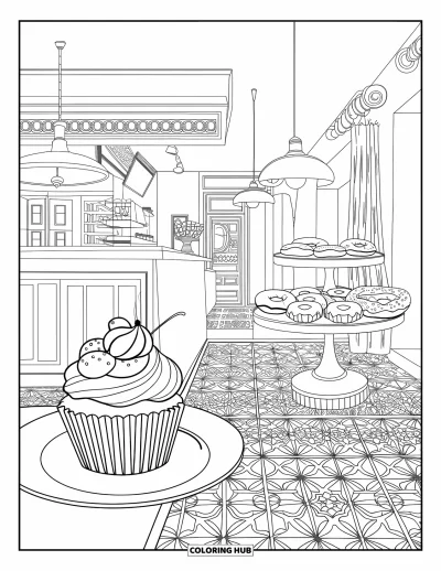 Coloriage de cupcakes pour adultes : Un cupcake sur une assiette dans une boulangerie avec des pâtisseries et un décor vintage