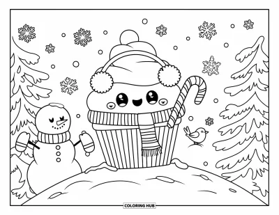Coloriage de cupcakes pour adultes : Un cupcake sur une colline enneigée savoure une canne en sucre d’orge avec un bonhomme de neige et un oiseau joyeux à proximité