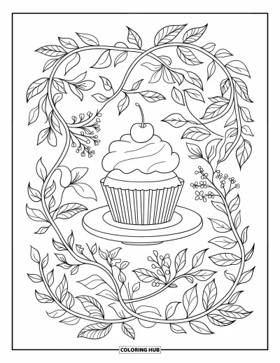 Coloriage de cupcakes pour adultes : Un cupcake parmi des feuilles, des fleurs et des lianes sur une assiette