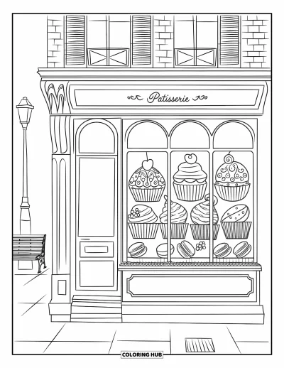 Coloriage de cupcakes pour adultes : Un cupcake parmi des pâtisseries dans une vitrine de pâtisserie avec une façade en briques