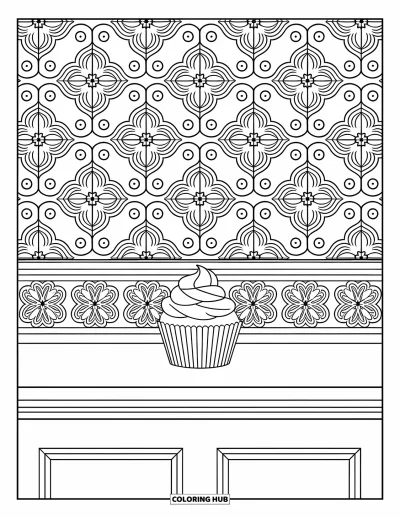 Coloriage de cupcakes pour adultes : Un cupcake dans une boulangerie entouré de carreaux floraux et de motifs ornés