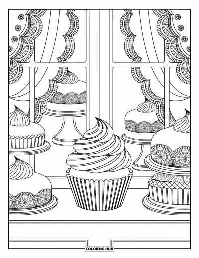 Coloriage de cupcakes pour adultes : Un cupcake dans la vitrine d’une pâtisserie avec des rideaux délicats et un décor détaillé