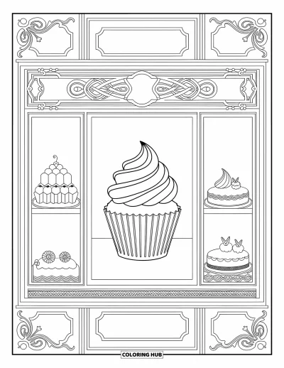 Coloriage de cupcakes pour adultes : Un cupcake dans la vitrine d’une pâtisserie avec des pâtisseries détaillées et des motifs élégants