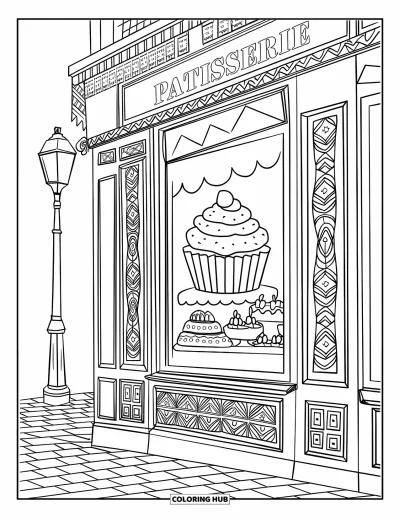 Coloriage de cupcakes pour adultes : Un cupcake dans une vitrine de pâtisserie avec des pâtisseries et une rue pavée