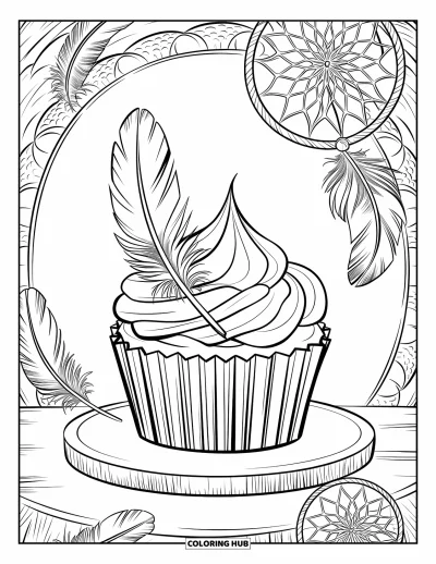 Coloriage de cupcakes pour adultes : Un cupcake posé sur une planche avec des plumes et des détails d’attrape-rêves autour