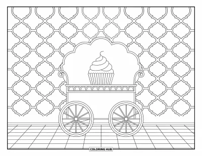 Coloriage de cupcakes pour adultes : Un cupcake sur un chariot décoratif avec des volutes et des motifs géométriques en arrière-plan