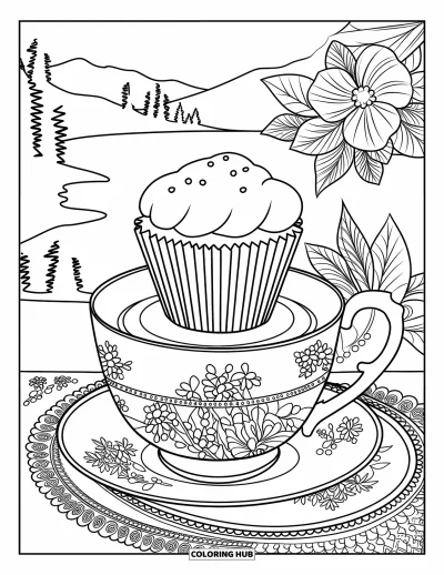 Coloriage de cupcakes pour adultes : Un cupcake sur un service à thé avec des détails de dentelle et de fleurs face à une vue paisible