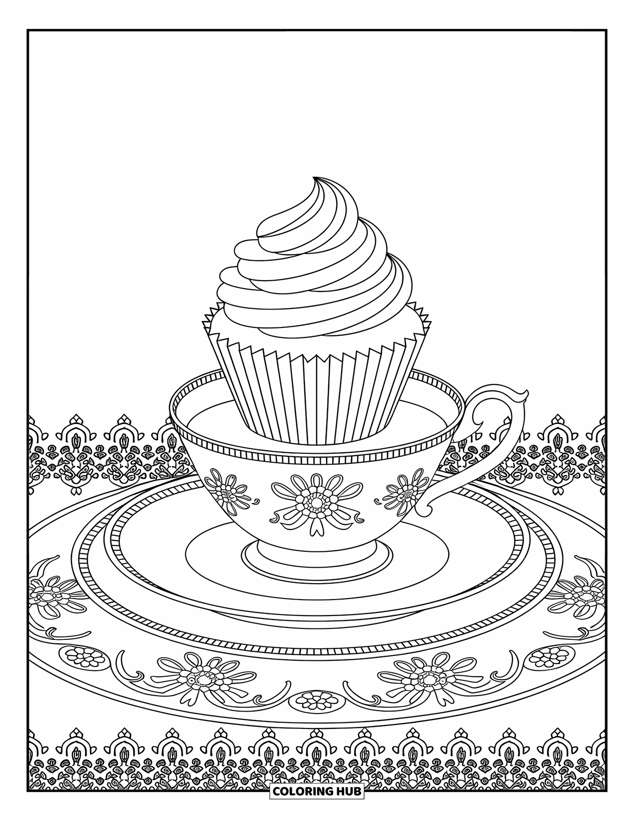 Cupcake Coloring Page for Adults: A cupcake sits on a tea set with ornate patterns and floral borders