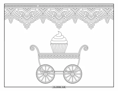 Coloriage de cupcakes pour adultes : Un cupcake sur un chariot orné entouré de motifs élégants et d’une bordure détaillée