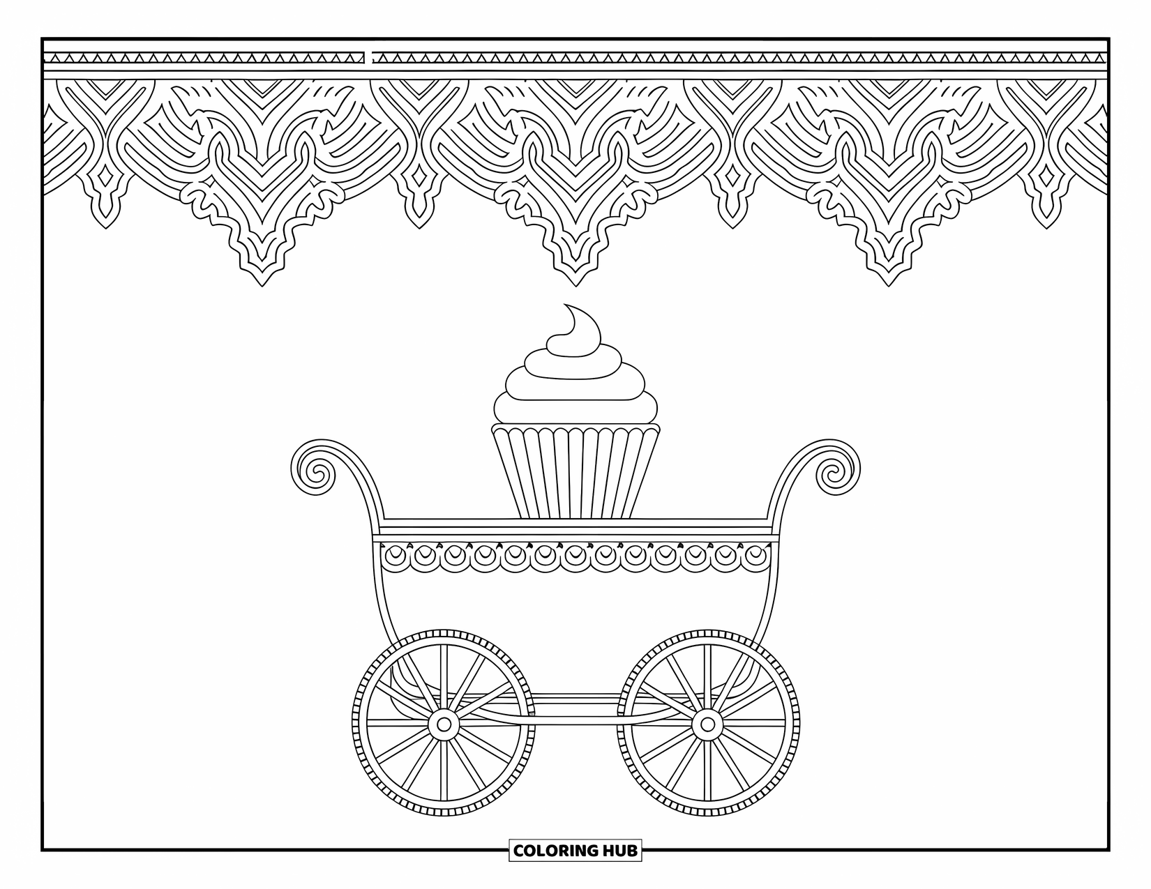Cupcake Coloring Page for Adults: A cupcake sits on an ornate cart surrounded by elegant patterns and a detailed border